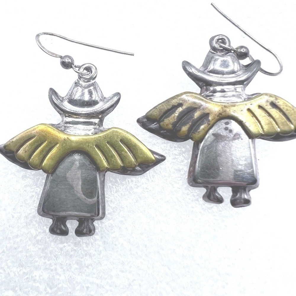Vtg Sterling Silver Mexico Cowboy Angel Dangle Earrings Two‎ Tone Wings Hat